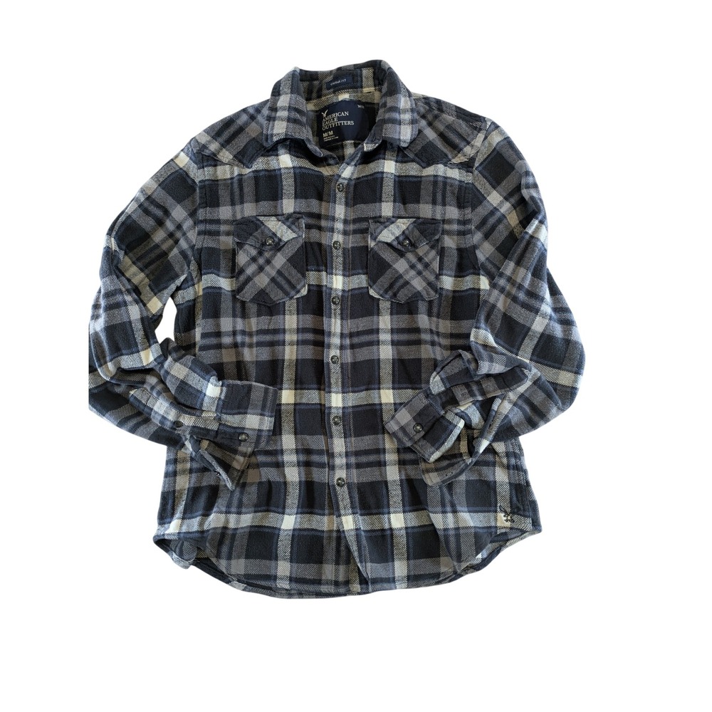 American Eagle Outfitters Mens Vintage Fit Black Gray Plaid Western Flannel M